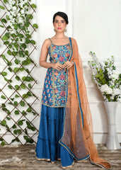 Royal Blue Floral Tiered Sharara Set