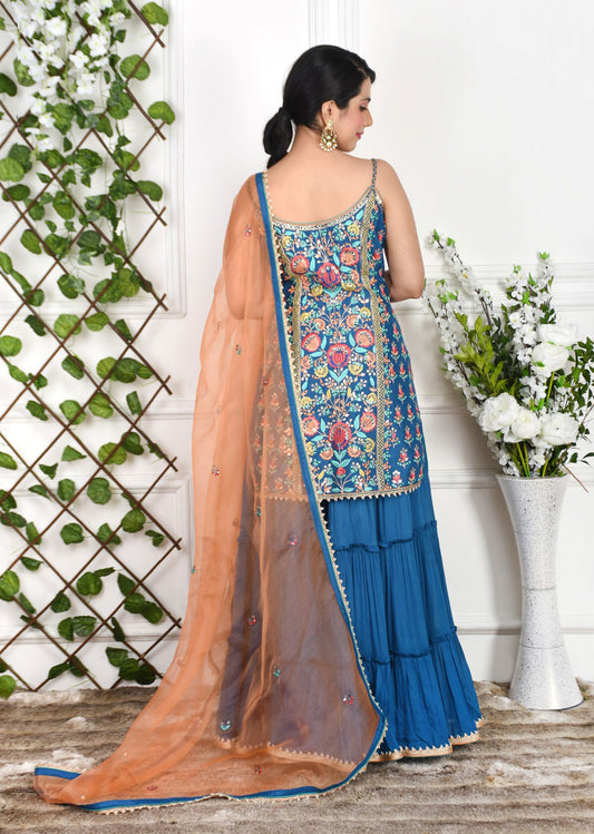 Royal Blue Floral Tiered Sharara Set
