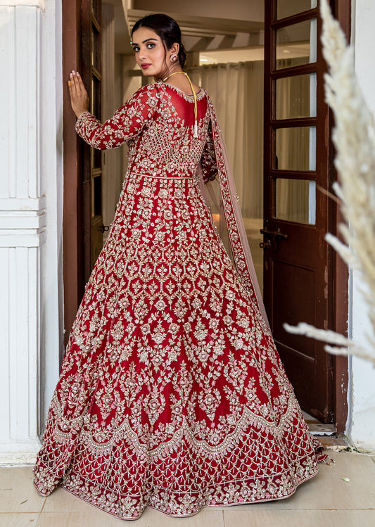 Deep Red And Gold Applique Bridal Anarkali Set