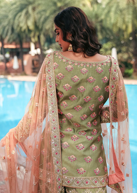 Olive Peach Zardozi Sharara Set