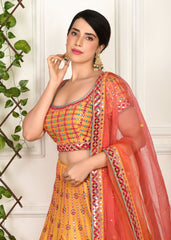 Mustard And Pink Mirrorwork Lehenga Set