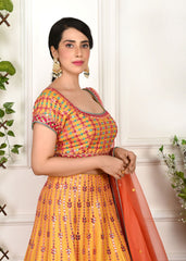 Mustard And Pink Mirrorwork Lehenga Set
