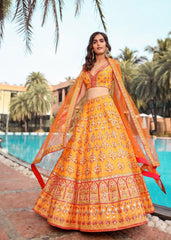 Yellow Orange Badla Mirrorwork Lehenga Set