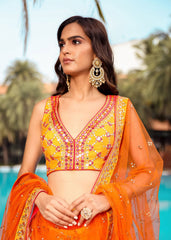 Yellow Orange Badla Mirrorwork Lehenga Set