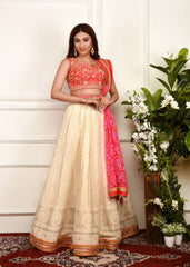 Cream And Pink Chikankari Lehenga Set