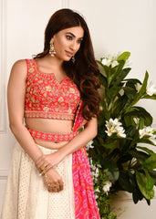 Cream And Pink Chikankari Lehenga Set