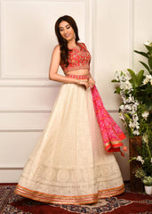 Cream And Pink Chikankari Lehenga Set