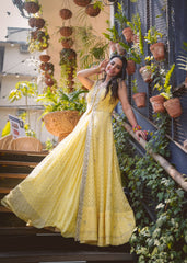 Yellow Lucknowi Anarkali Lehenga Set