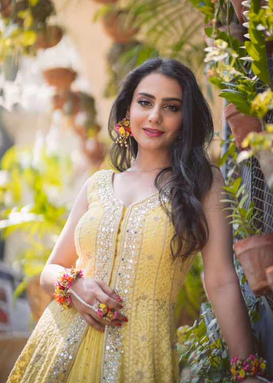 Yellow Lucknowi Anarkali Lehenga Set