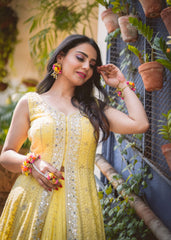 Yellow Lucknowi Anarkali Lehenga Set