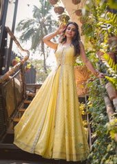 Yellow Lucknowi Anarkali Lehenga Set
