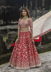 Bright Red Raw Silk Bridal Lehenga