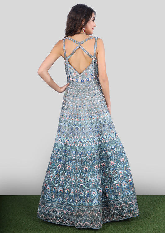 Blue Multi-Colored Mughal Floral Gown