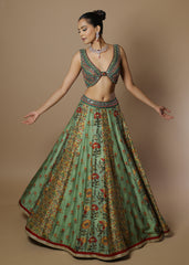 Sage green floral printed lehenga with mirror work blouse