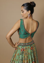 Sage green floral printed lehenga with mirror work blouse