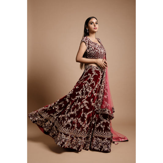 Maroon Wine Velvet Lehenga Set