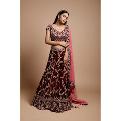 Maroon Wine Velvet Lehenga Set