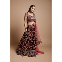 Maroon Wine Velvet Lehenga Set