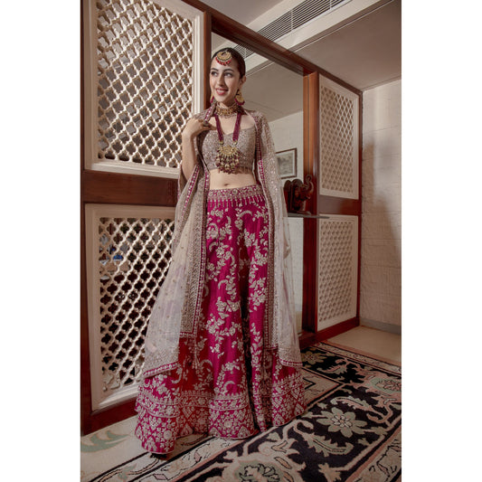 Magenta Pink Raw Silk Lehenga With Grey Raw Silk Choli And Net Dupatta