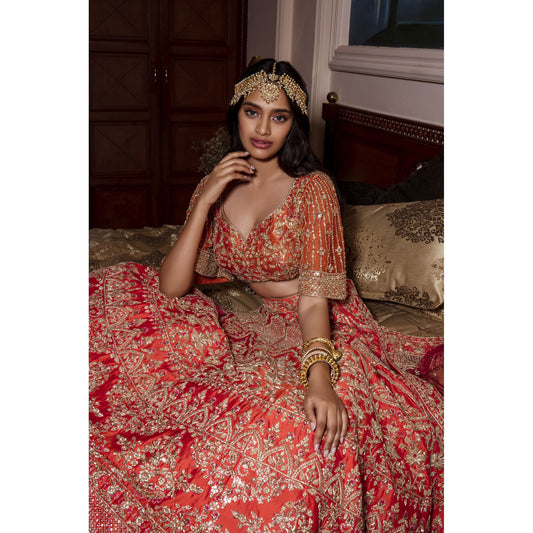Vermillion Orange Intricate Mughal Embroidered Lehenga Set