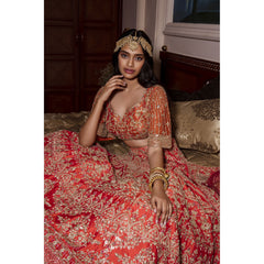 Vermillion Orange Intricate Mughal Embroidered Lehenga Set
