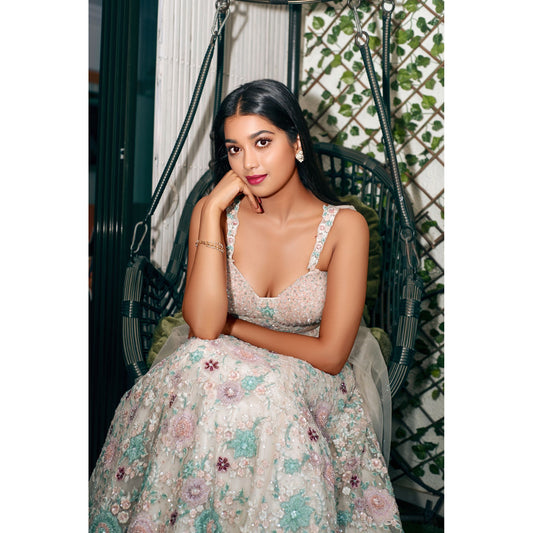 Digangana - Off-White Studded Floral Lehenga Set