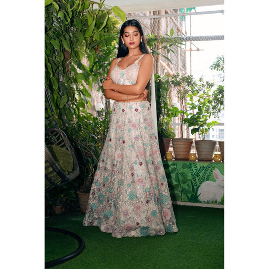 Digangana - Off-White Studded Floral Lehenga Set