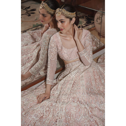 Pale Blush Peach Geometric And Floral Embroidered Net Lehenga Set