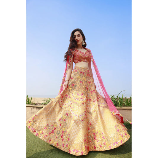 Peach And Coral Mirror Lehenga Set