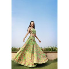 Parrot Green One Shoulder Mirror And Resham Lehenga Set