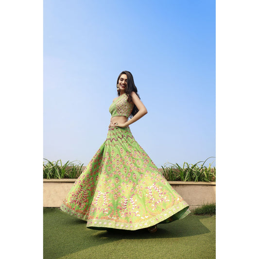 Parrot Green One Shoulder Mirror And Resham Lehenga Set