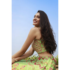 Parrot Green One Shoulder Mirror And Resham Lehenga Set