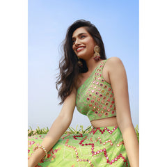 Parrot Green One Shoulder Mirror And Resham Lehenga Set