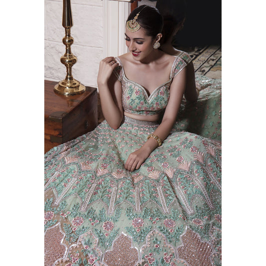 Mint Green And Peach Mughal Motifs Embroidered Lehenga Set