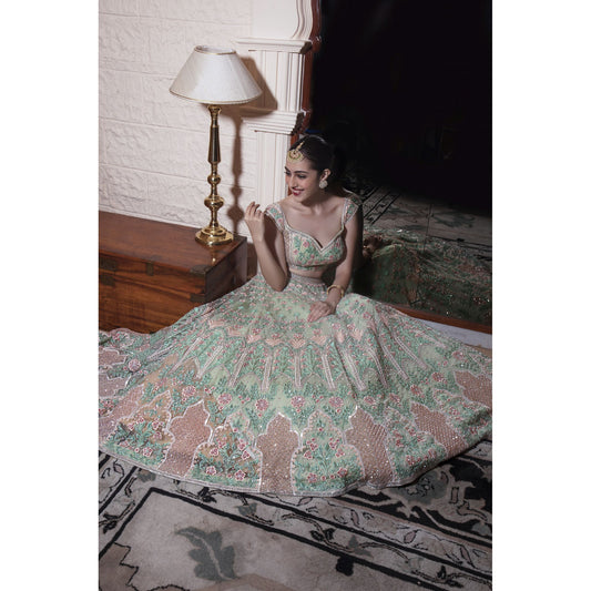 Mint Green And Peach Mughal Motifs Embroidered Lehenga Set