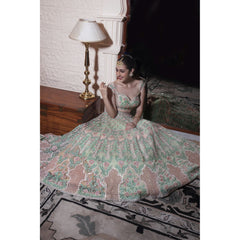 Mint Green And Peach Mughal Motifs Embroidered Lehenga Set