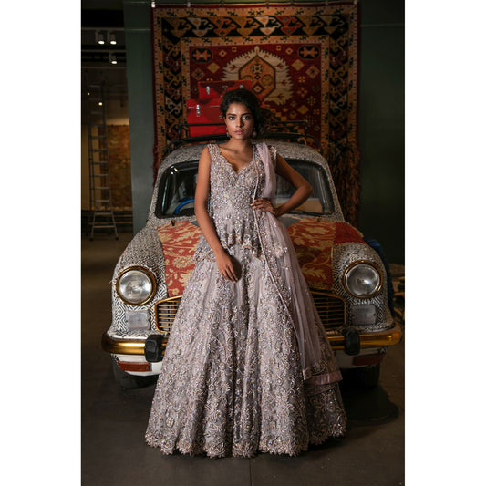 Grey Crystal Studded Peplum Lehenga-Gown