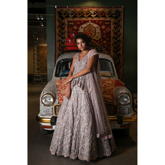 Grey Crystal Studded Peplum Lehenga-Gown