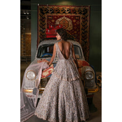 Grey Crystal Studded Peplum Lehenga-Gown