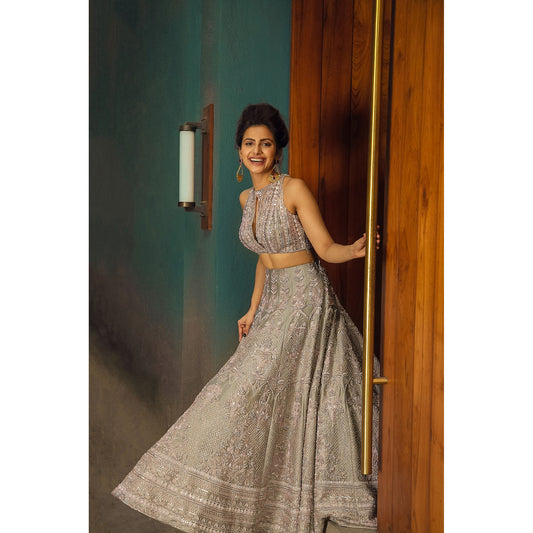 Grey And Pink Mughal Floral Lehenga
