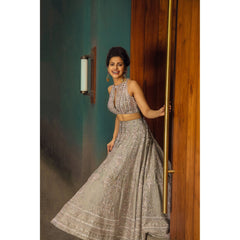 Grey And Pink Mughal Floral Lehenga