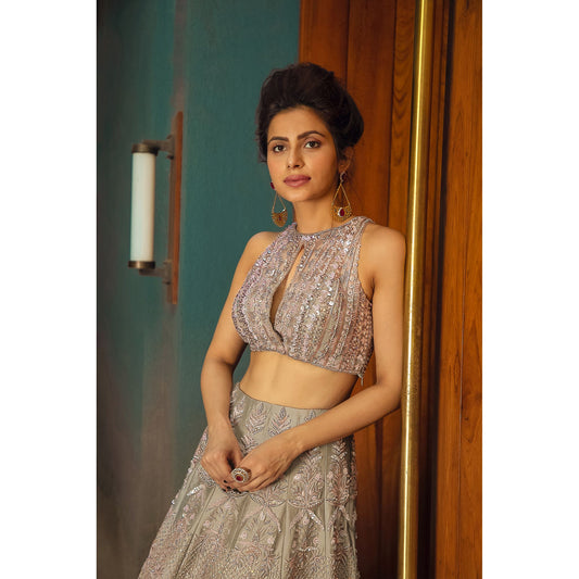 Grey And Pink Mughal Floral Lehenga