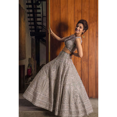 Grey And Pink Mughal Floral Lehenga
