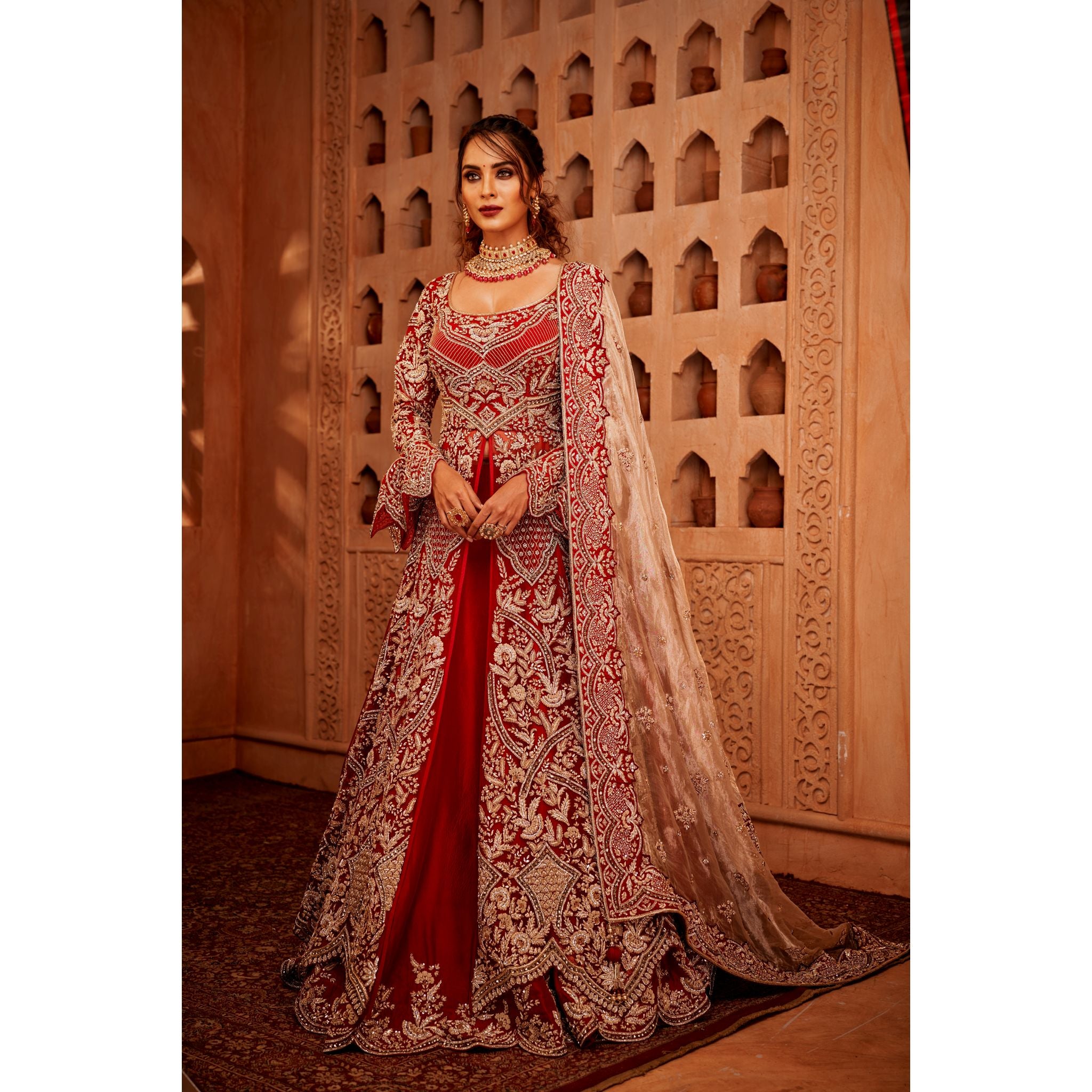 Deep Red And Gold Mughal Flared Anarkali Lehenga – Jiya by Veer