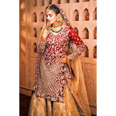 Maroon And Gold Mughal Velvet Kurta Lehenga Set