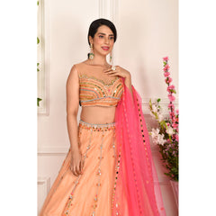 Peach And Pink Abstract Lehenga Set