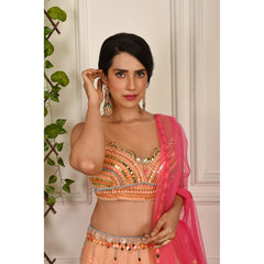 Peach And Pink Abstract Lehenga Set