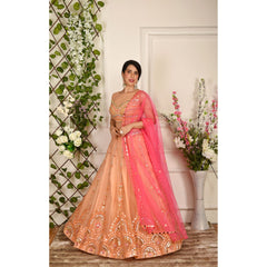 Peach And Pink Abstract Lehenga Set