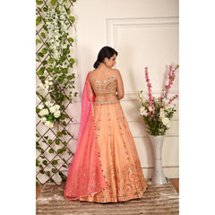 Peach And Pink Abstract Lehenga Set
