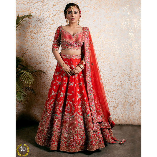 Vermillion Red Abstract Red Lehenga Set